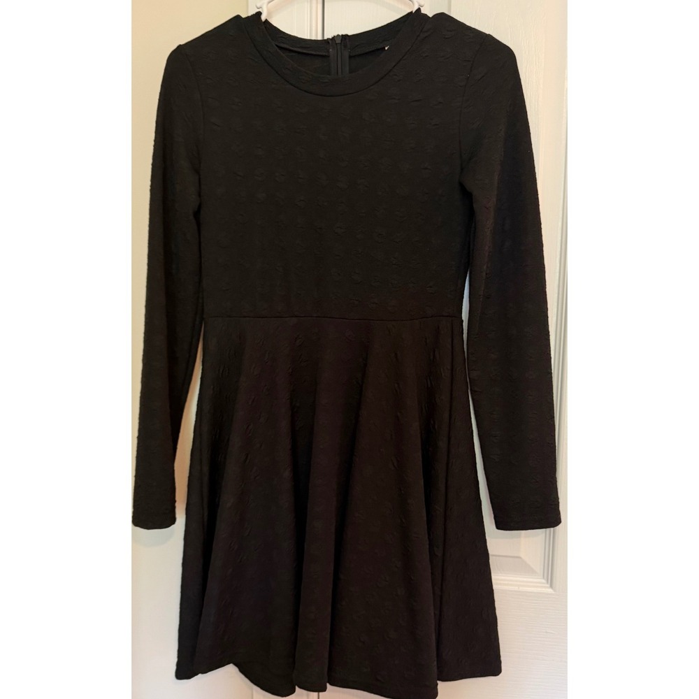 Black Long Sleeve Fit and Flare Skater Dress Textured Jacquard Crew Neck Small